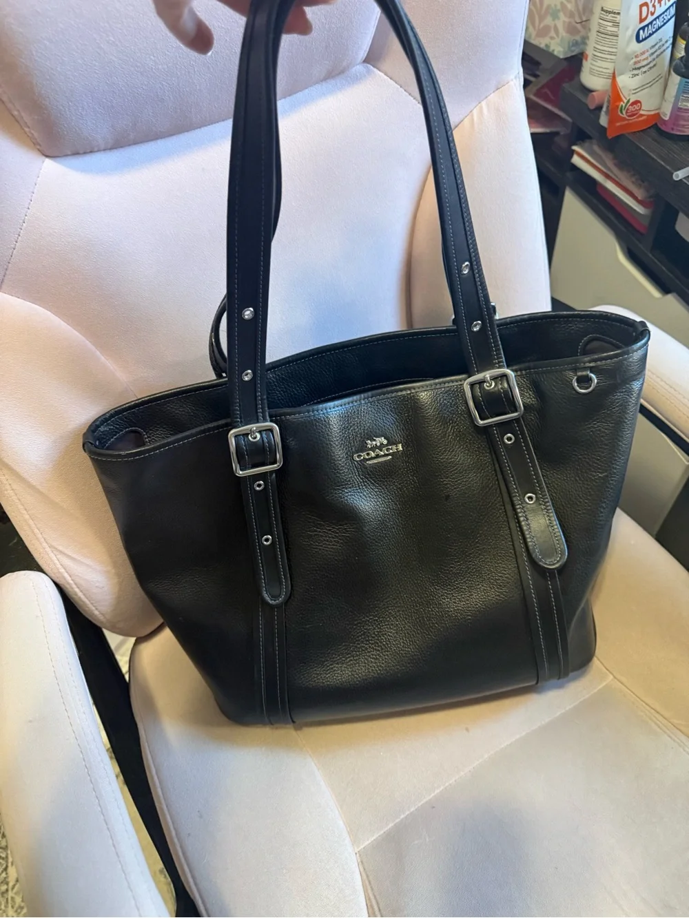 Coach Black Pebbled Leather Shoulder Tote with Silver Hardware